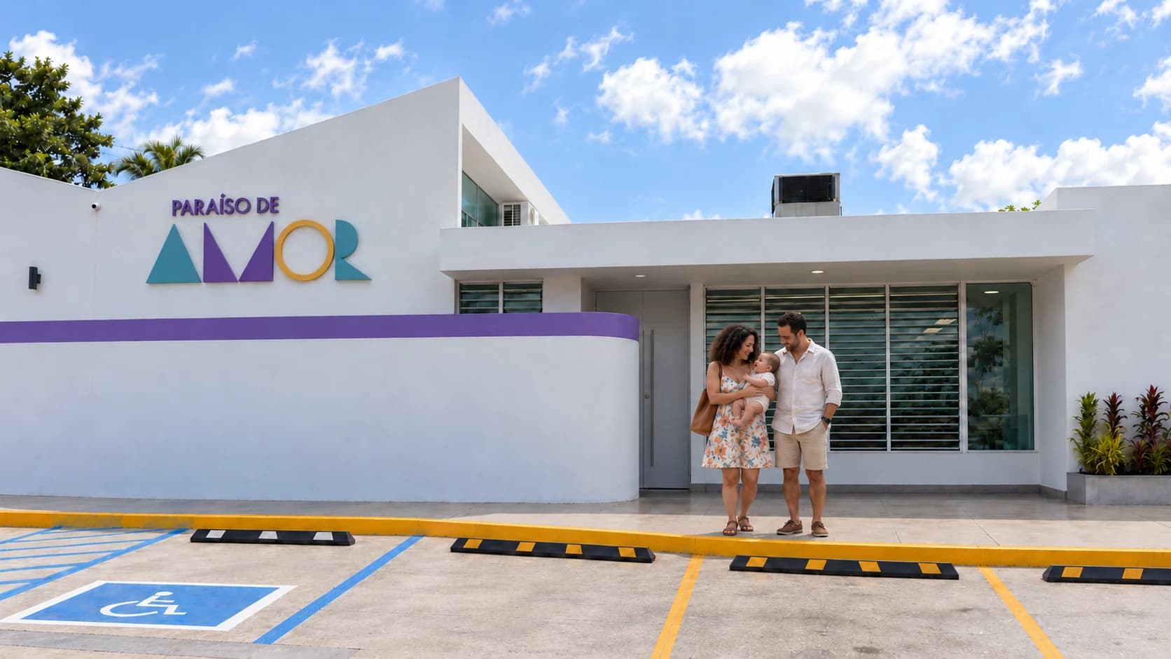 Familia con un bebé frente al centro Paraíso de Amor